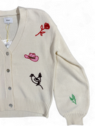 Whimsical embroidered cream cardigan by Numph with colourful playful details