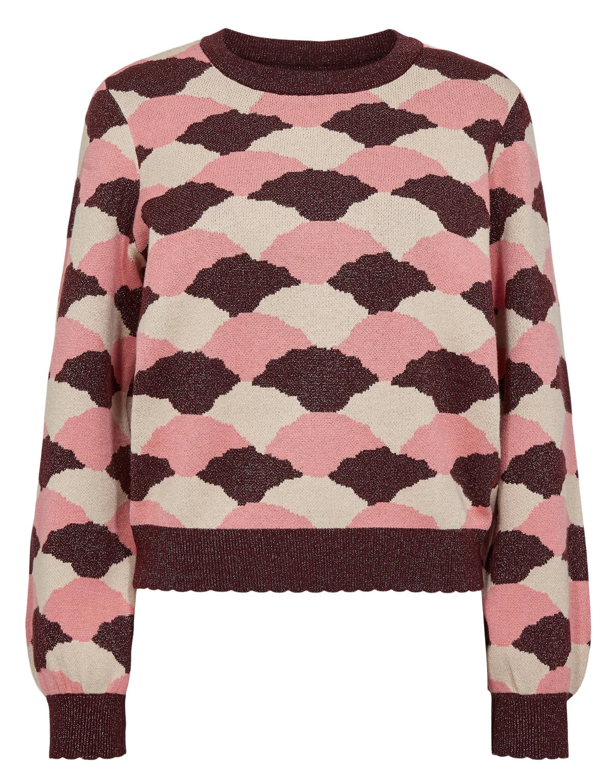 Flat lay of Numph Nulila jumper showing geometric design and ribbed hem