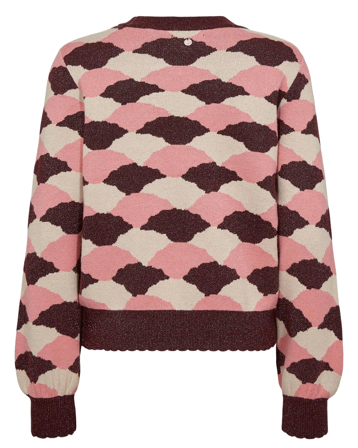Flat back view of Numph Nulila geometric knit in shimmer pink tones