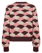 Flat back view of Numph Nulila geometric knit in shimmer pink tones