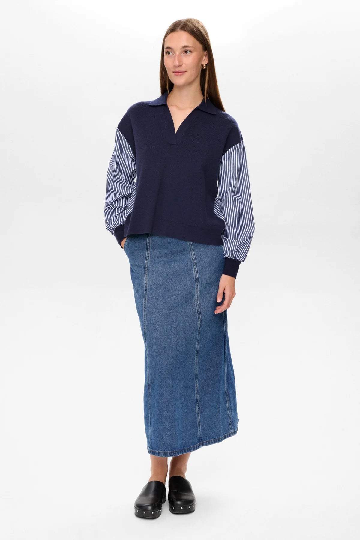 Numph Numarsy navy jumper with striped shirt-style sleeves