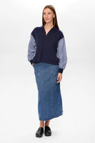 Numph Numarsy navy jumper with striped shirt-style sleeves