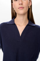 Close-up of collar and neckline on Numph Numarsy navy jumper