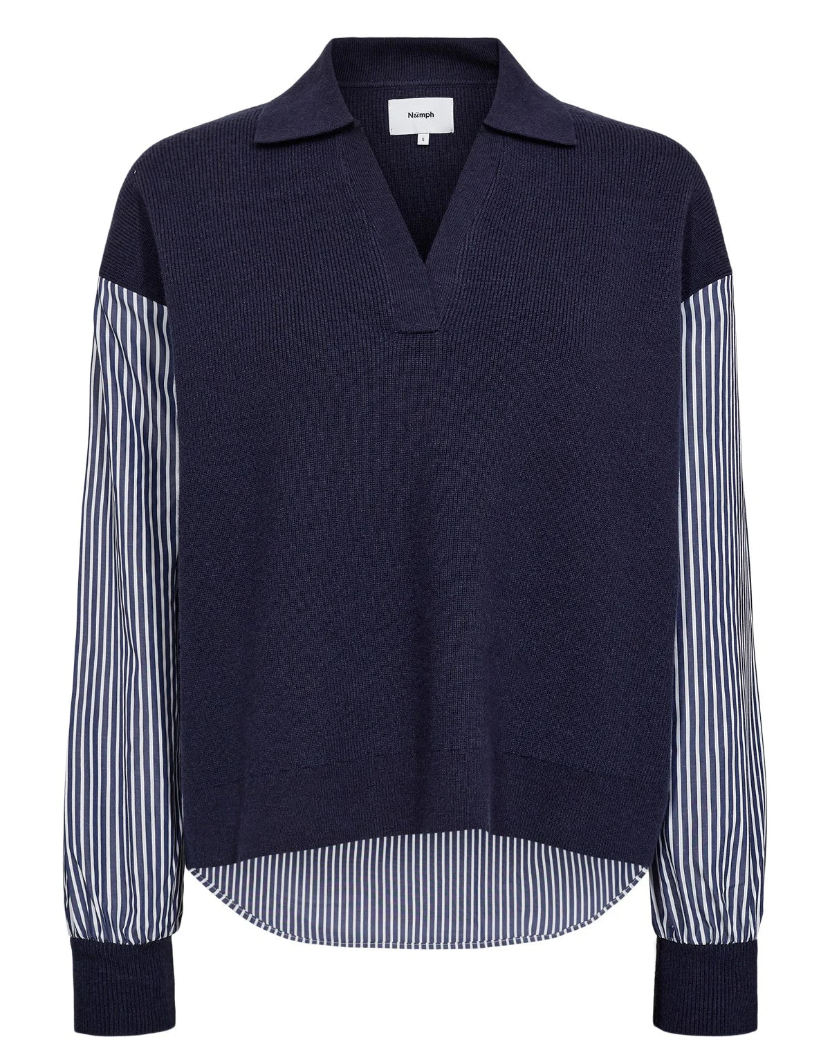 Front flat lay of Numph Numarsy navy striped long sleeve jumper shirt