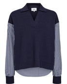Front flat lay of Numph Numarsy navy striped long sleeve jumper shirt