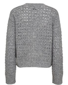Numph Nuriette scandinavian knitwear style  grey cardigan back detail with ribbed cuffs and fine pointelle texture.
