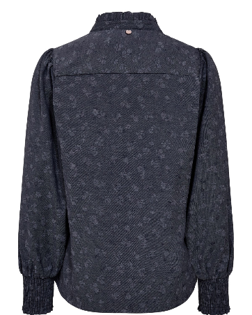 Flat lay back view of Numph Nucila Denim Blue Shirt with frill collar and cuff