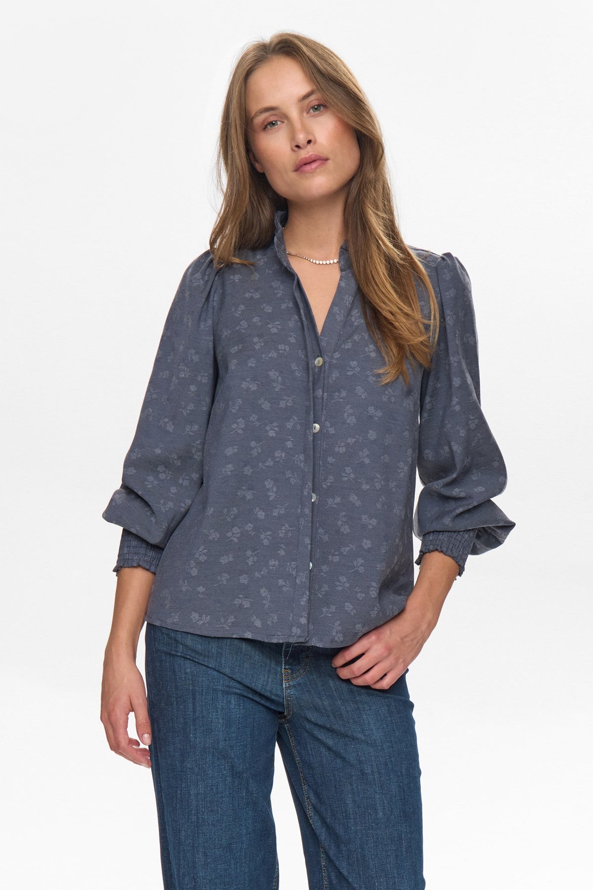 Numph Nucila Denim Blue Shirt – floral jacquard blouse worn front view