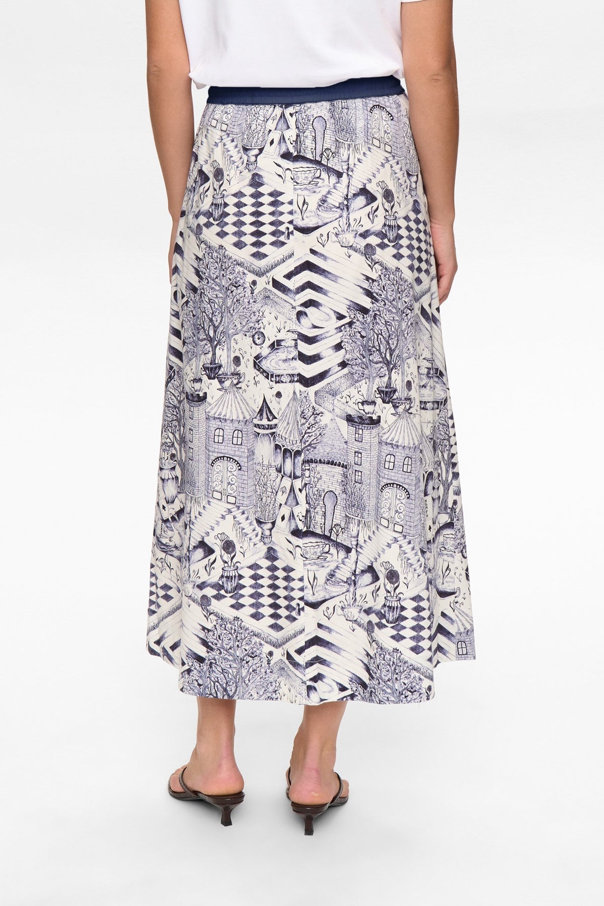 Numph Nugardenia navy off-white illustrated midi skirt from the back