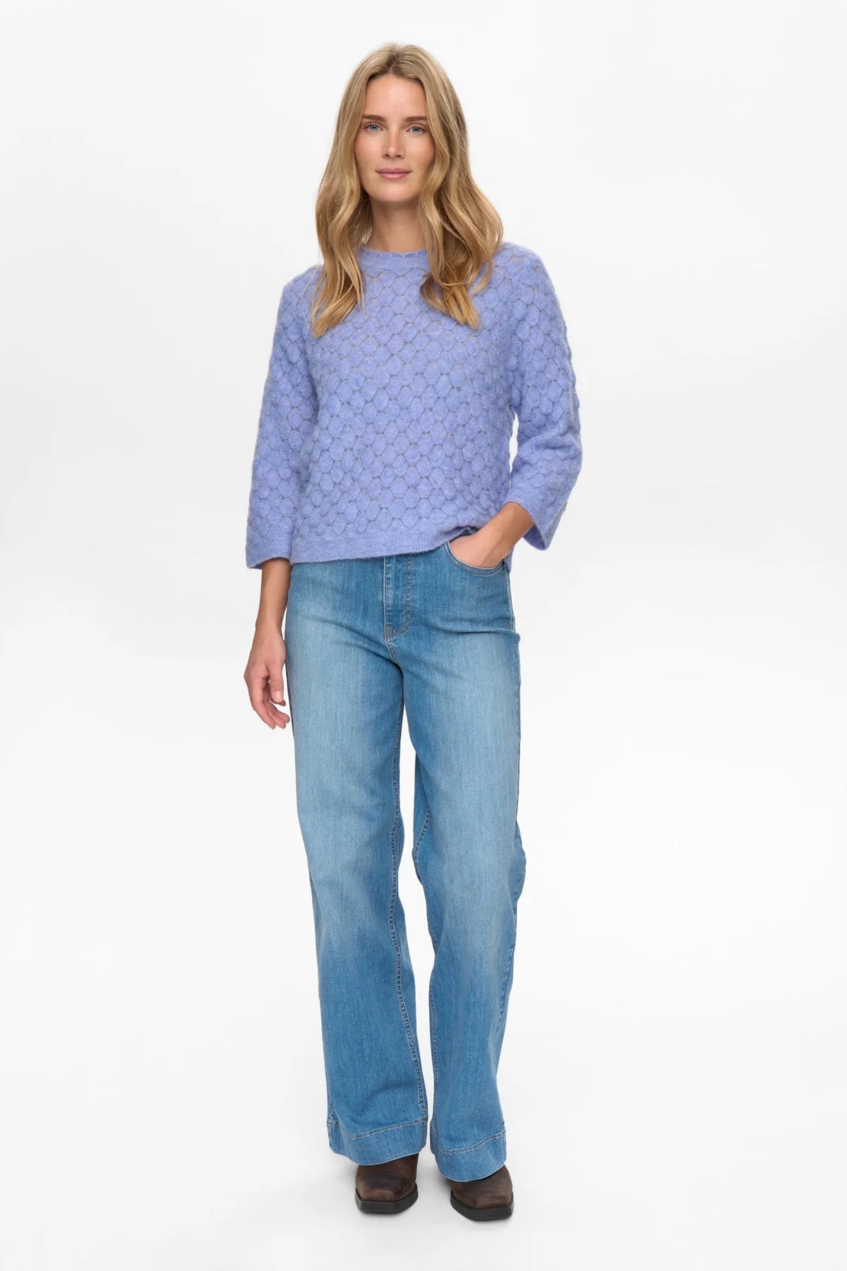 Numph Nuriette pointelle jumper styled with jeans blue