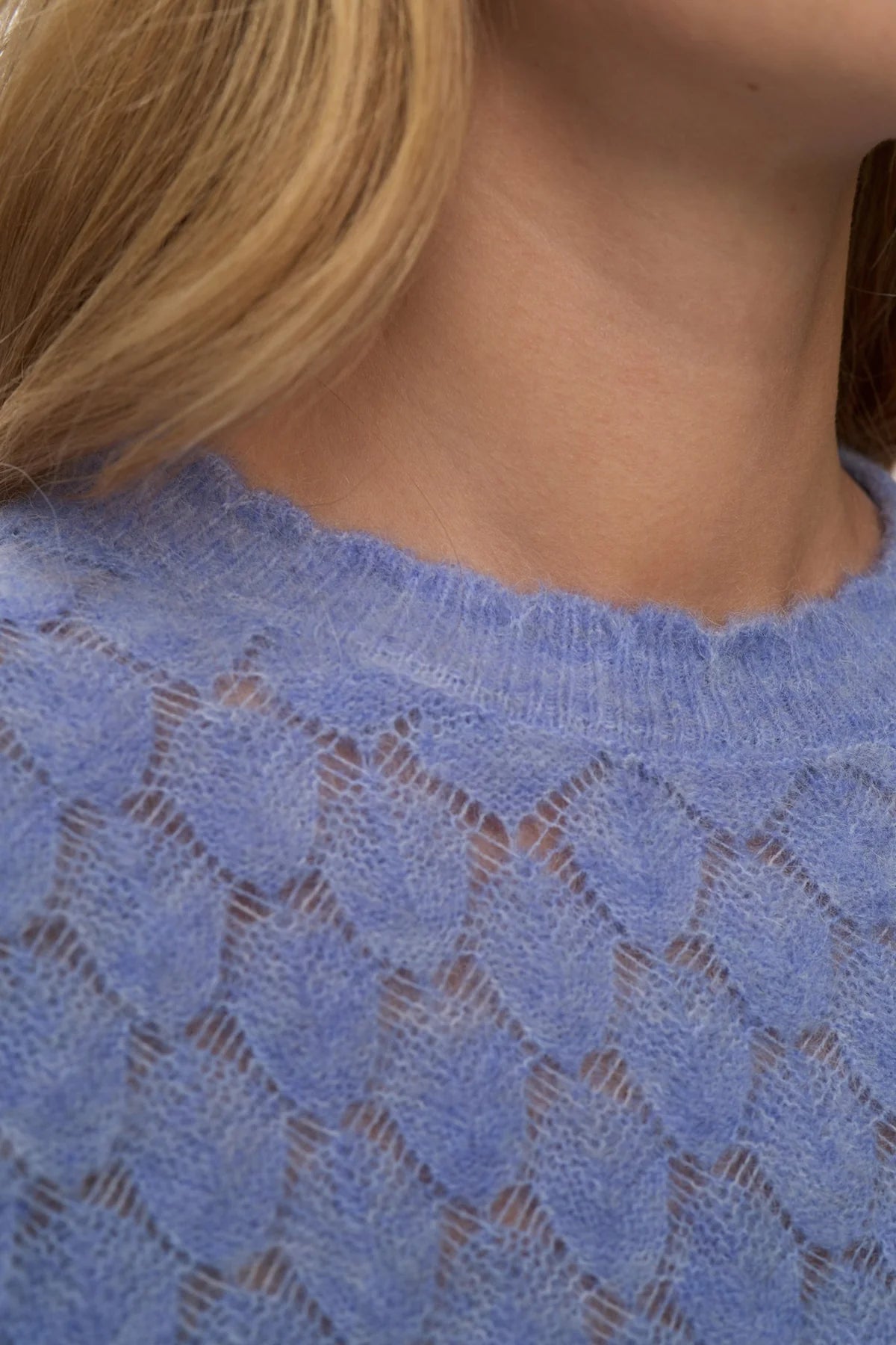 Numph Nuriette pointelle wool blend jumper blue neckline detail