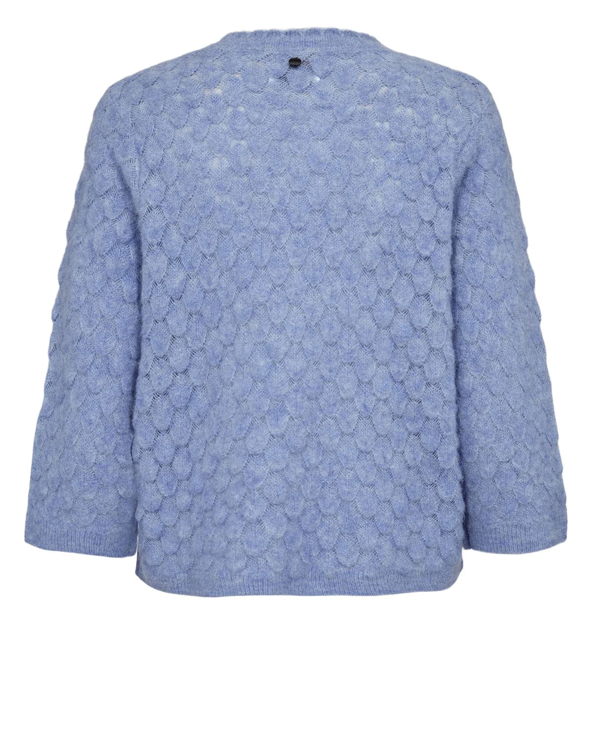 Numph Nuriette pointelle wool blend jumper hydrangea blue flat lay back 