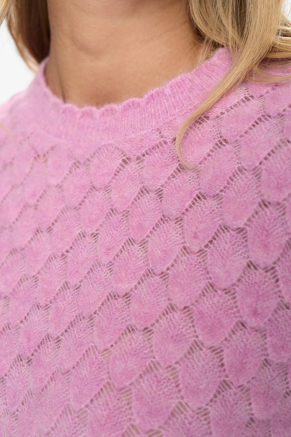 Numph Nuriette pointelle knit jumper pink close-up texture