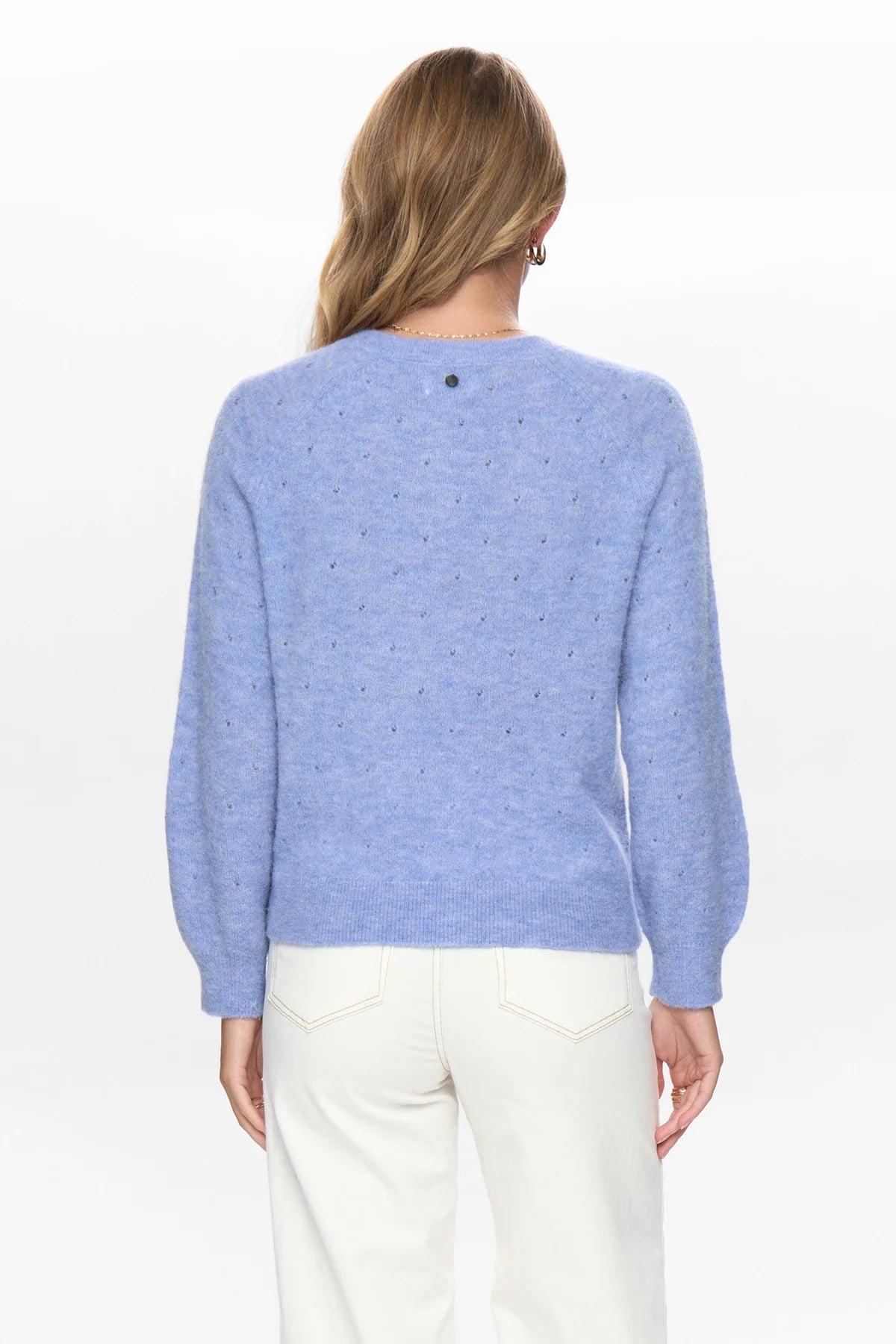 Numph Nurietto soft knit cardigan back view in blue
