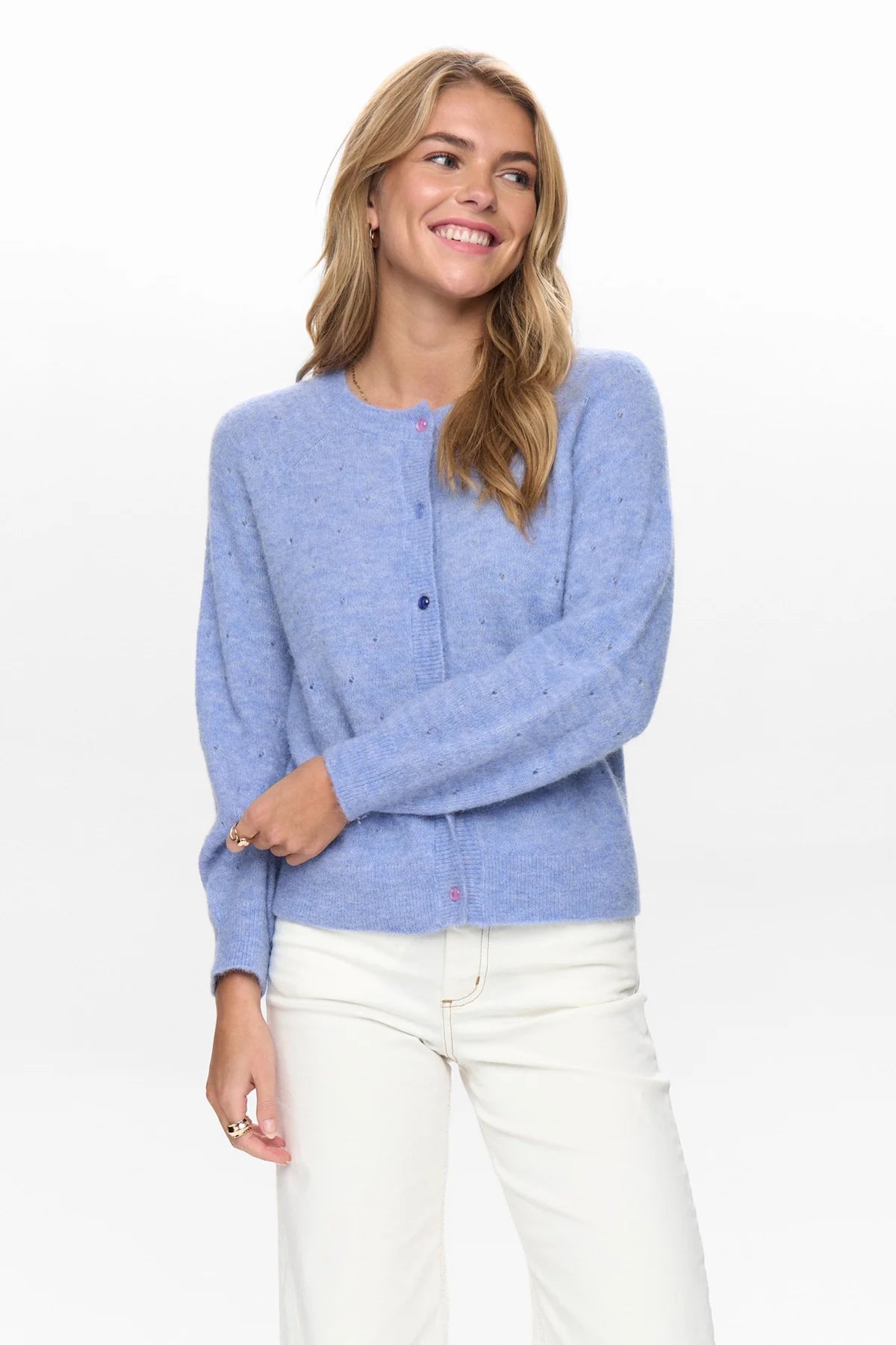 Numph Nurietto soft pointelle cardigan in light blue front view