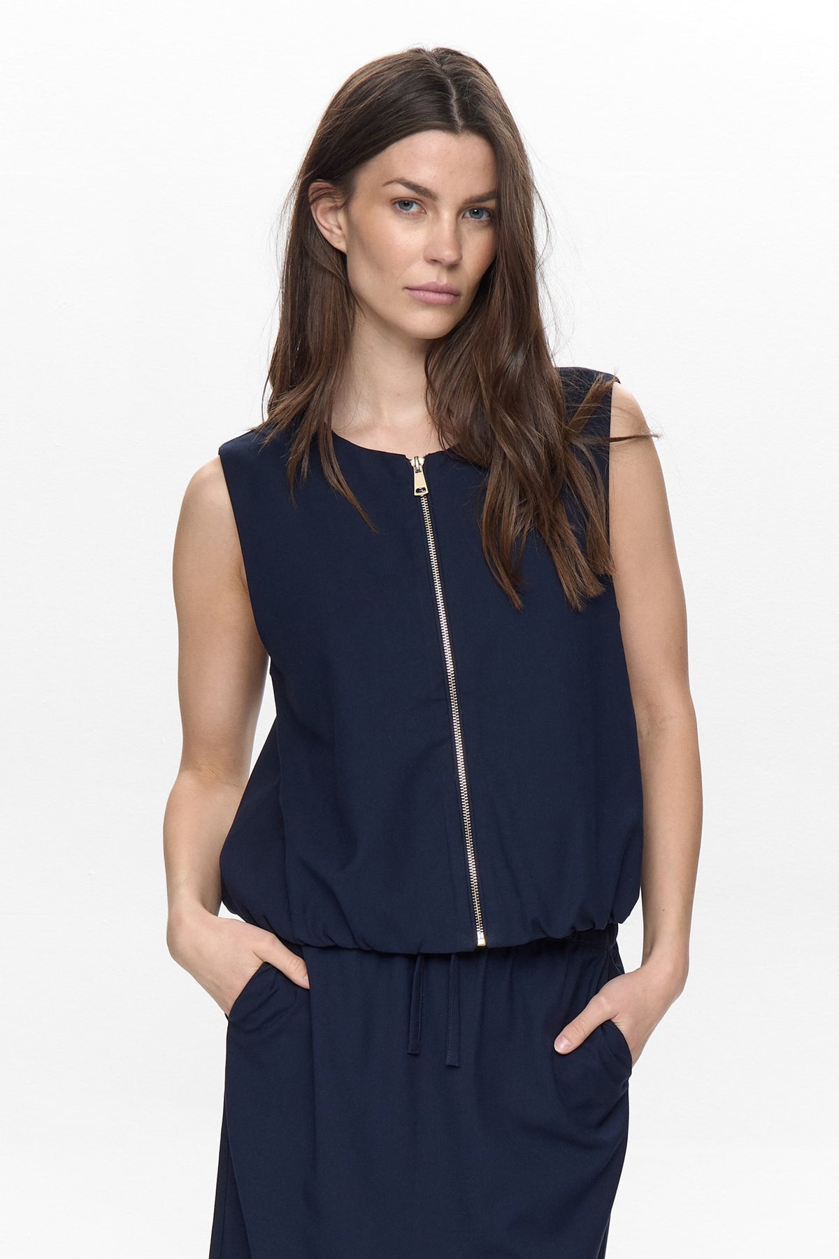 Numph Nujulia zip up sleeveless vest in navy front view