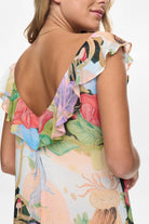 Numph fairytale print maxi dress back V neckline frill detail