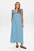 Numph sleeveless denim maxi dress full length front