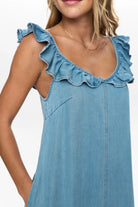 Numph light denim maxi dress ruffle neckline detail