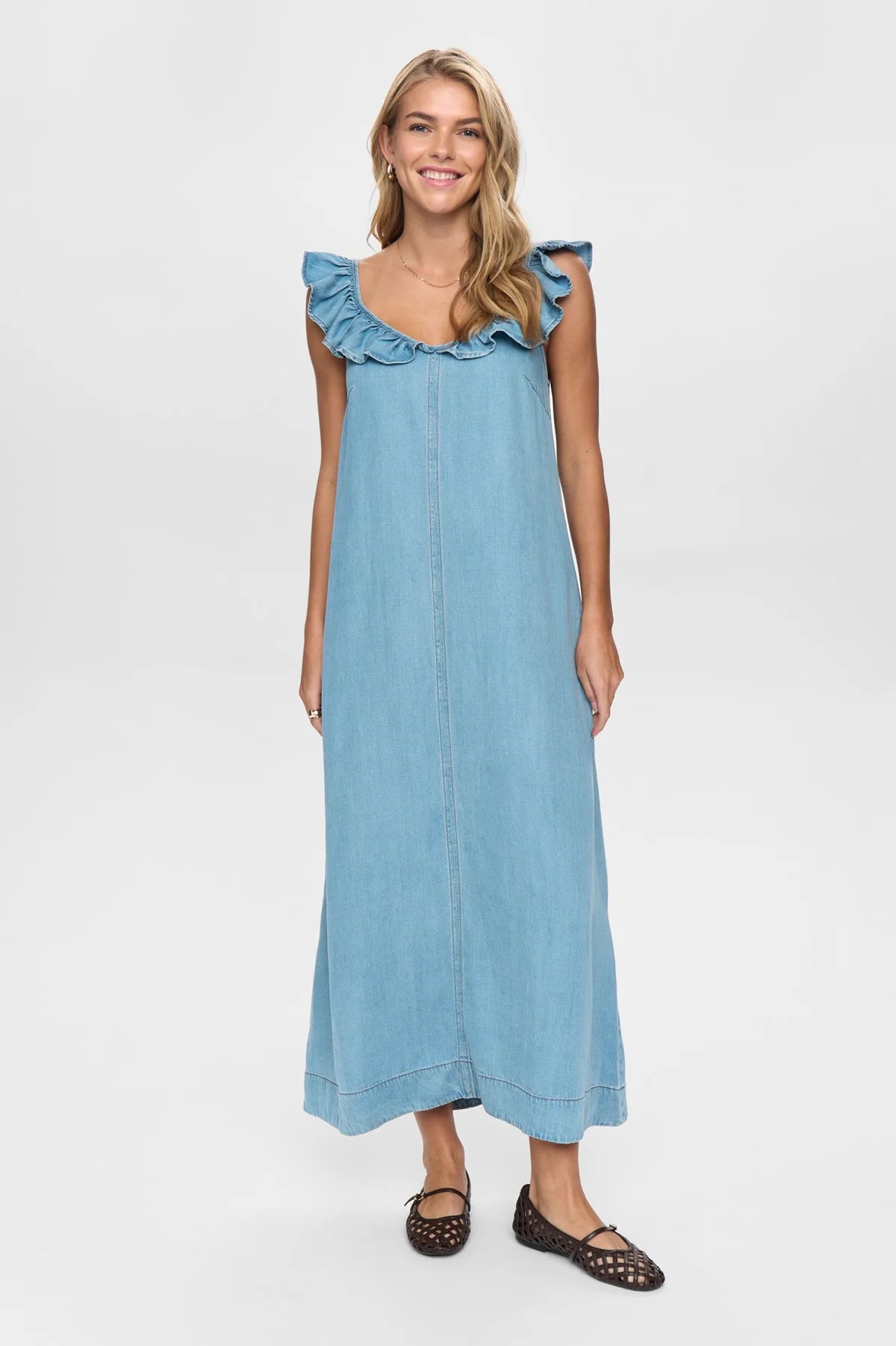 Numph light denim maxi dress front view