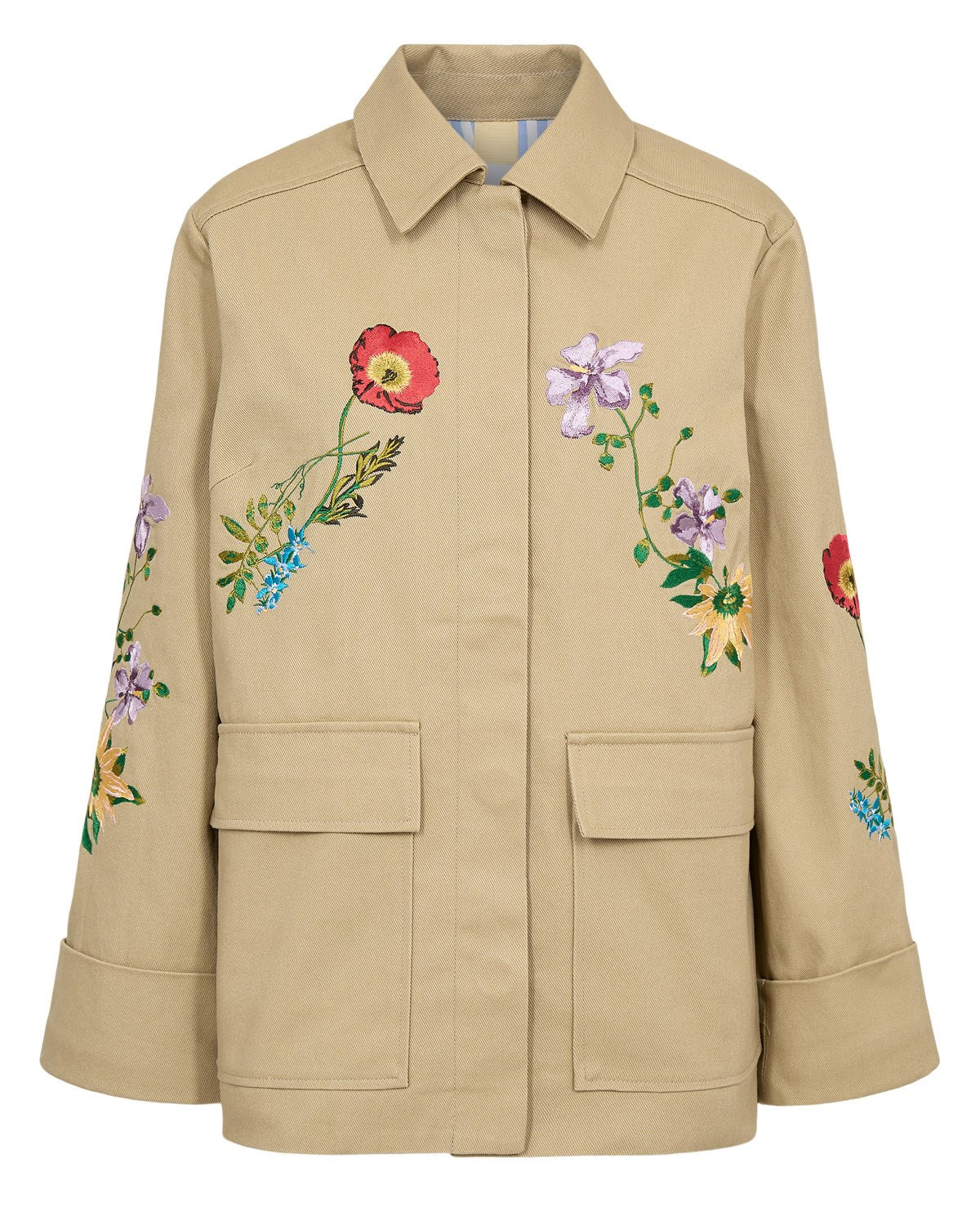 Numph Nubivalli beige utility jacket with embroidered flowers and pockets
