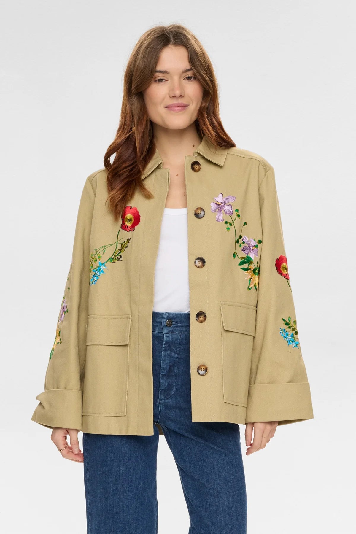 Numph beige embroidered floral jacket front view