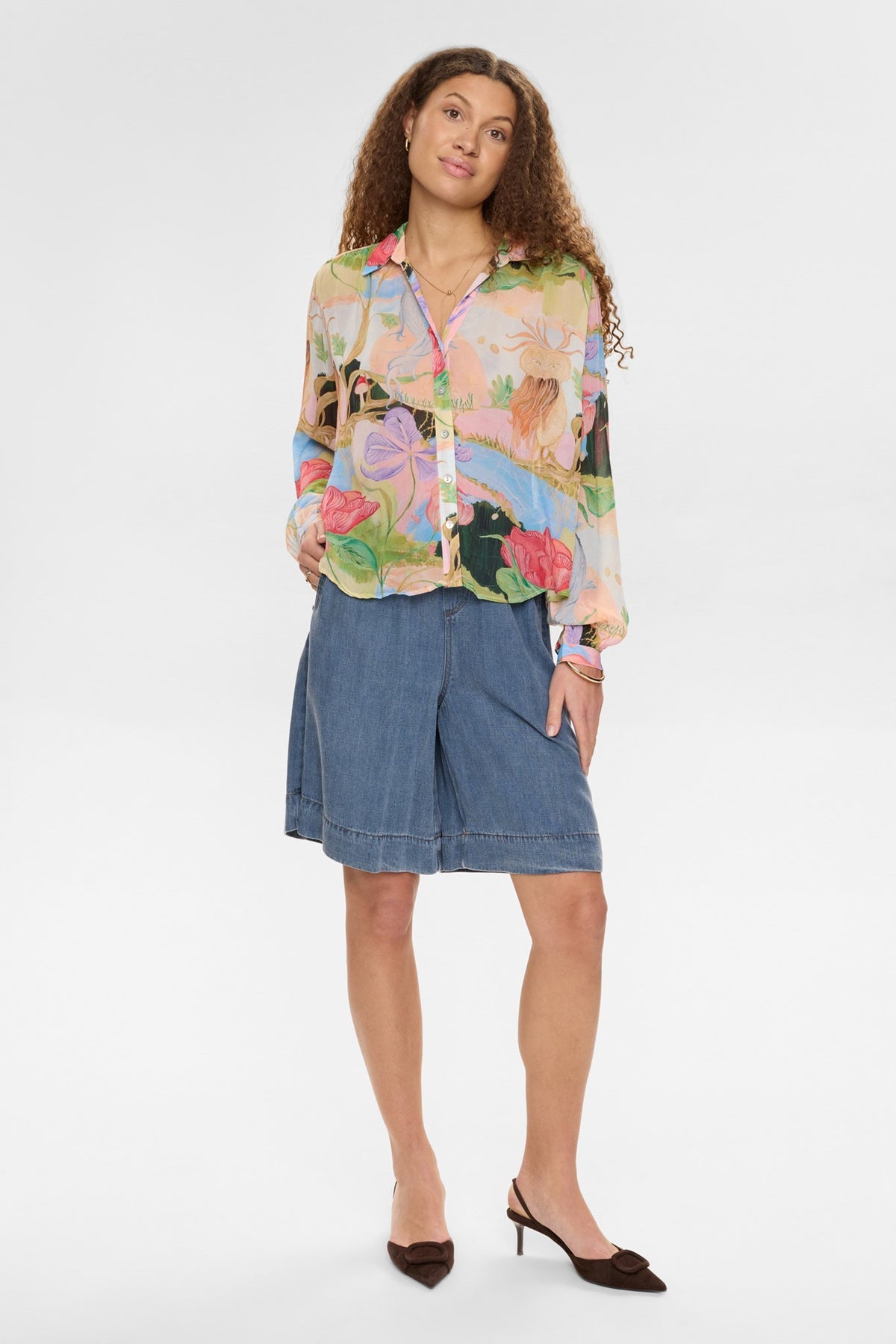 Numph Nushailyn fairytale print semi sheer blouse front