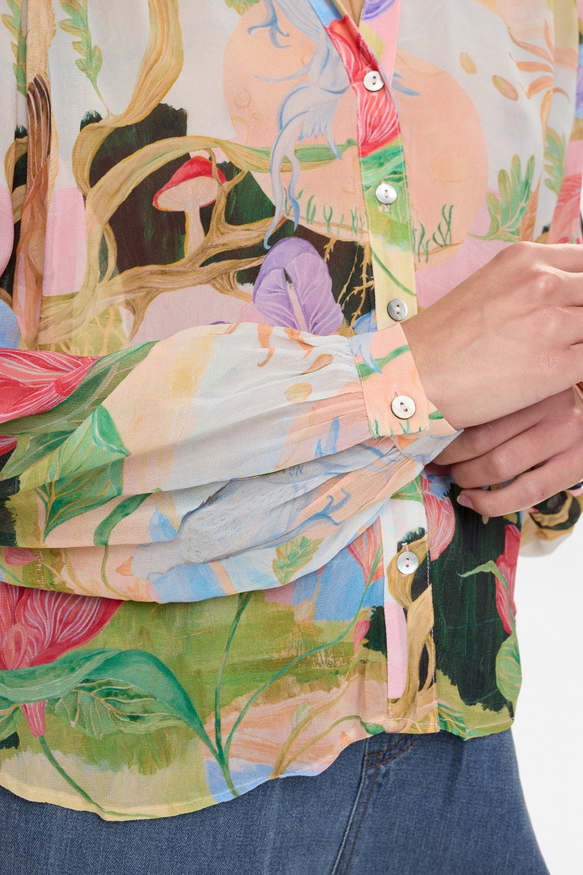 Numph fairytale print blouse buttoned sleeve detail 
