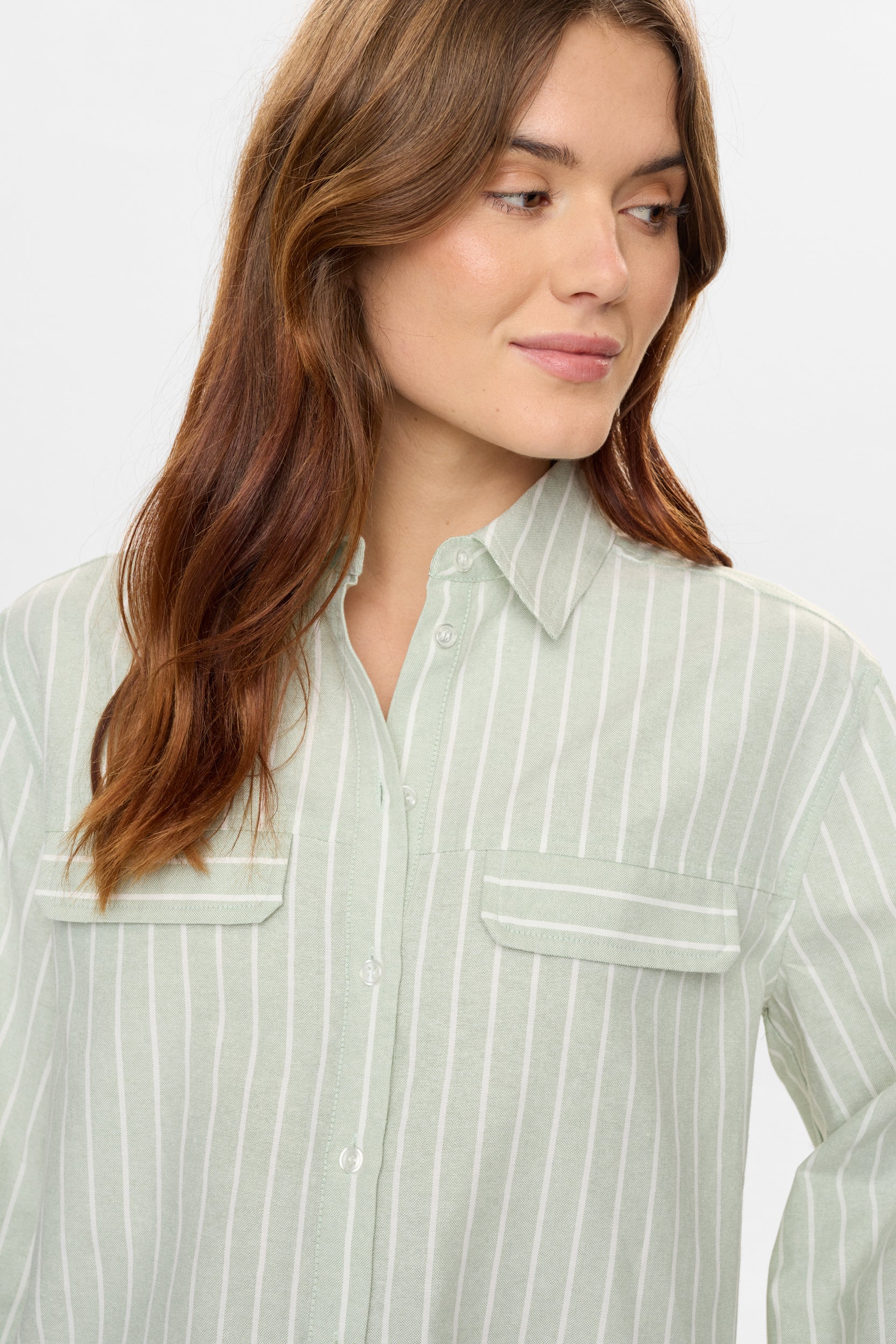 Numph Nukelsey stripe print oversized shirt collar detail