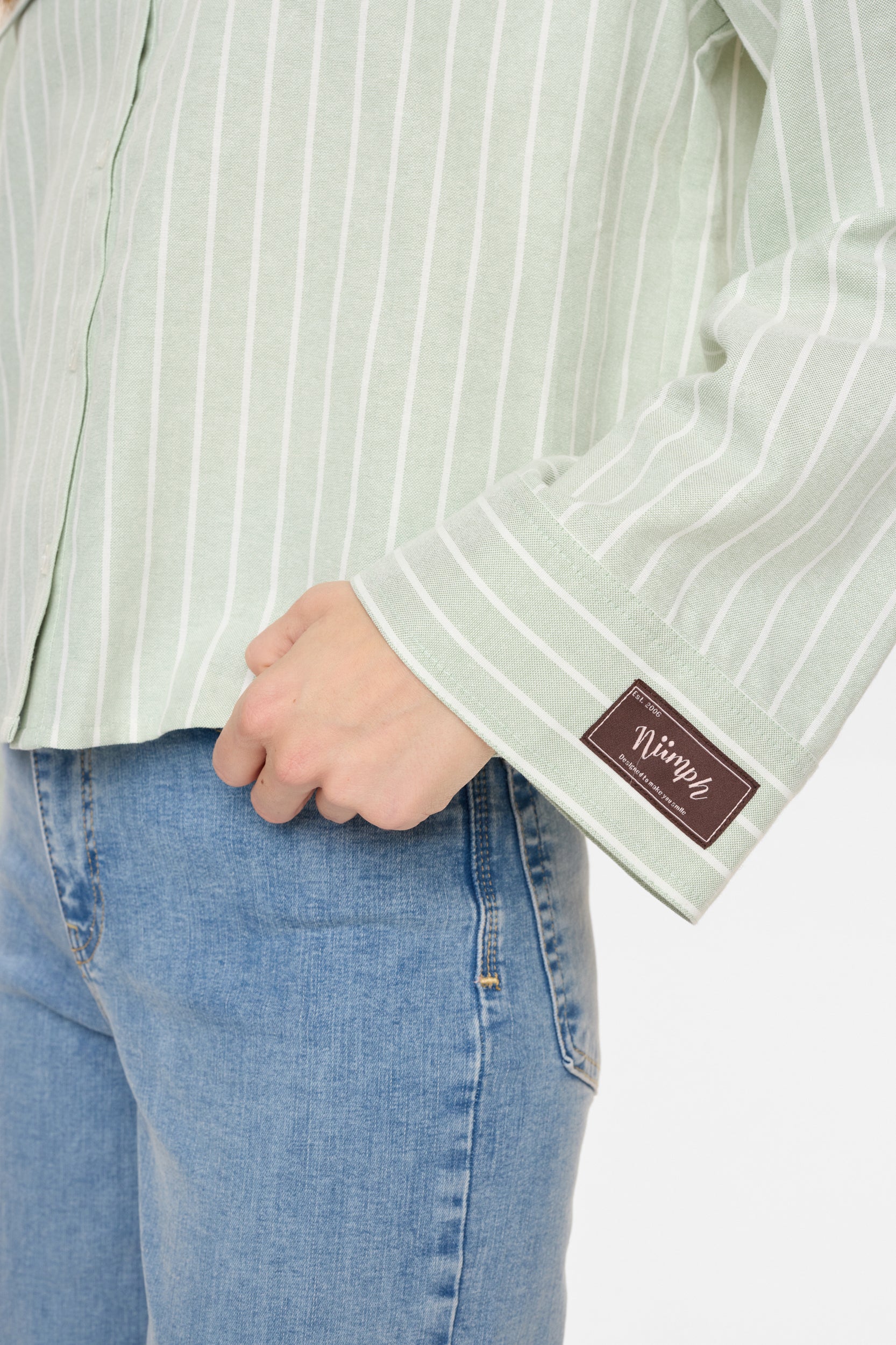 Numph Nukelsey sage stripe shirt flared cuff detail
