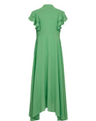Numph Nuparisa green midi dress back view with layered ruffle sleeves and dipped hem