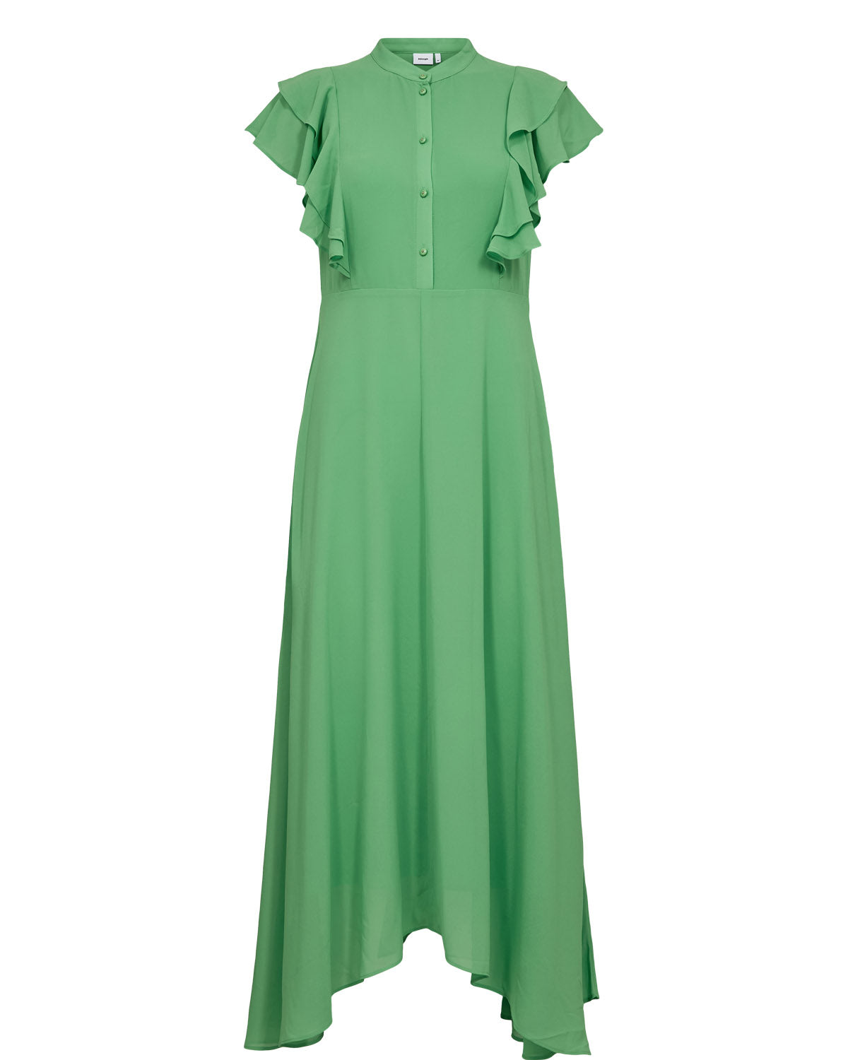 Numph Nuparisa green ruffle sleeve midi dress with button front and high neckline