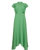 Numph Nuparisa green ruffle sleeve midi dress with button front and high neckline
