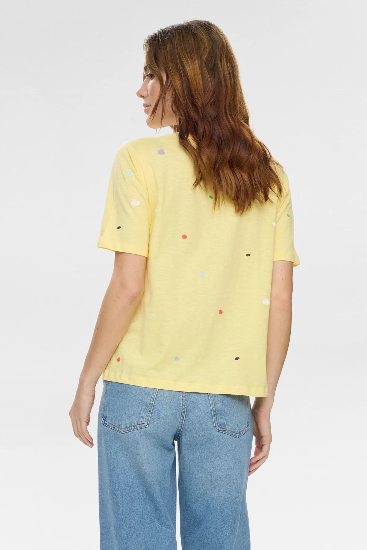 Numph yellow embroidered polka dot T-shirt back view