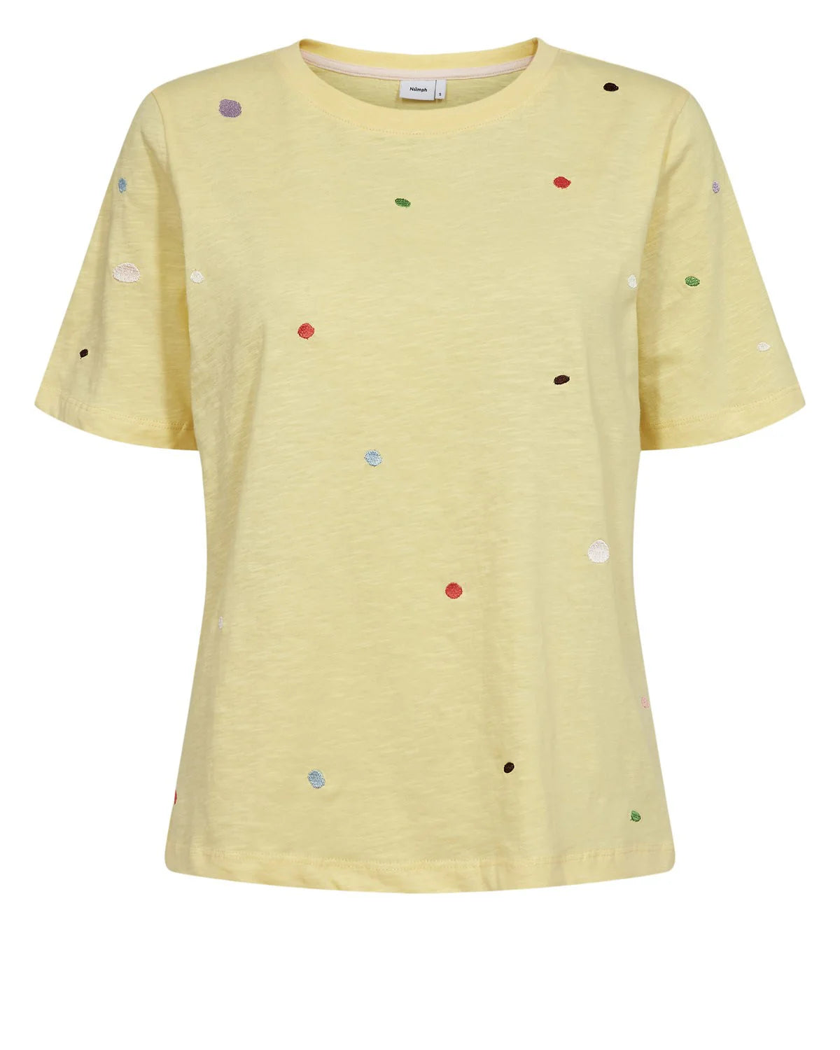 Numph yellow short sleeve embroidered dot top full length