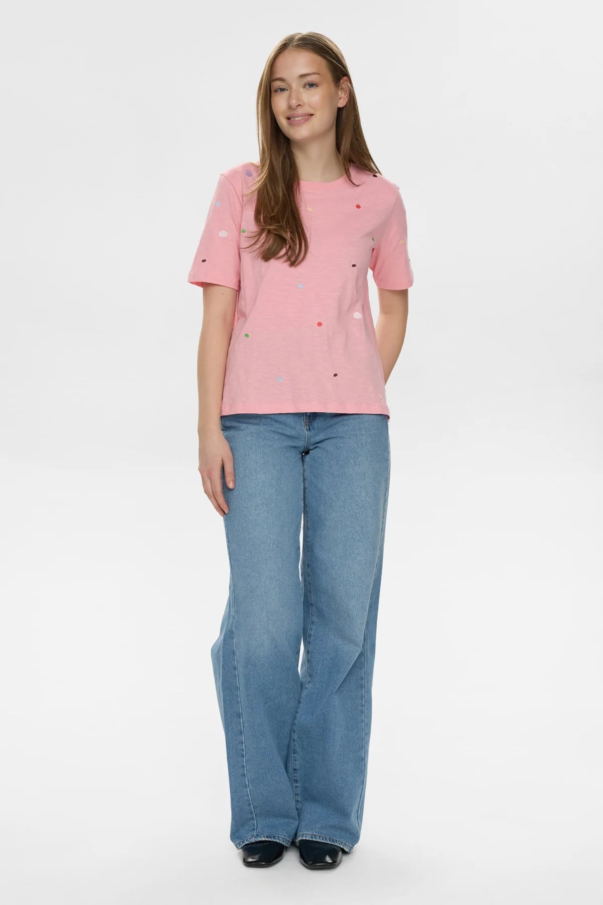 Numph pink T-shirt multicolour embroidered dot detail