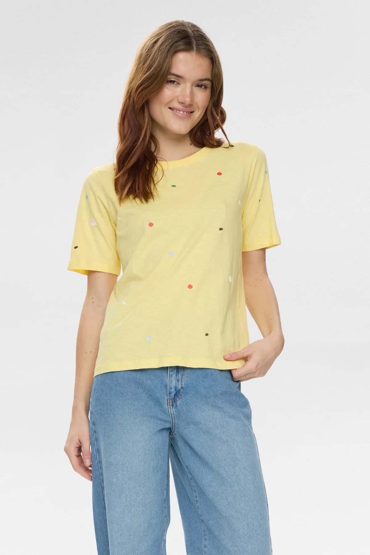 Numph yellow embroidered dot T-shirt front view