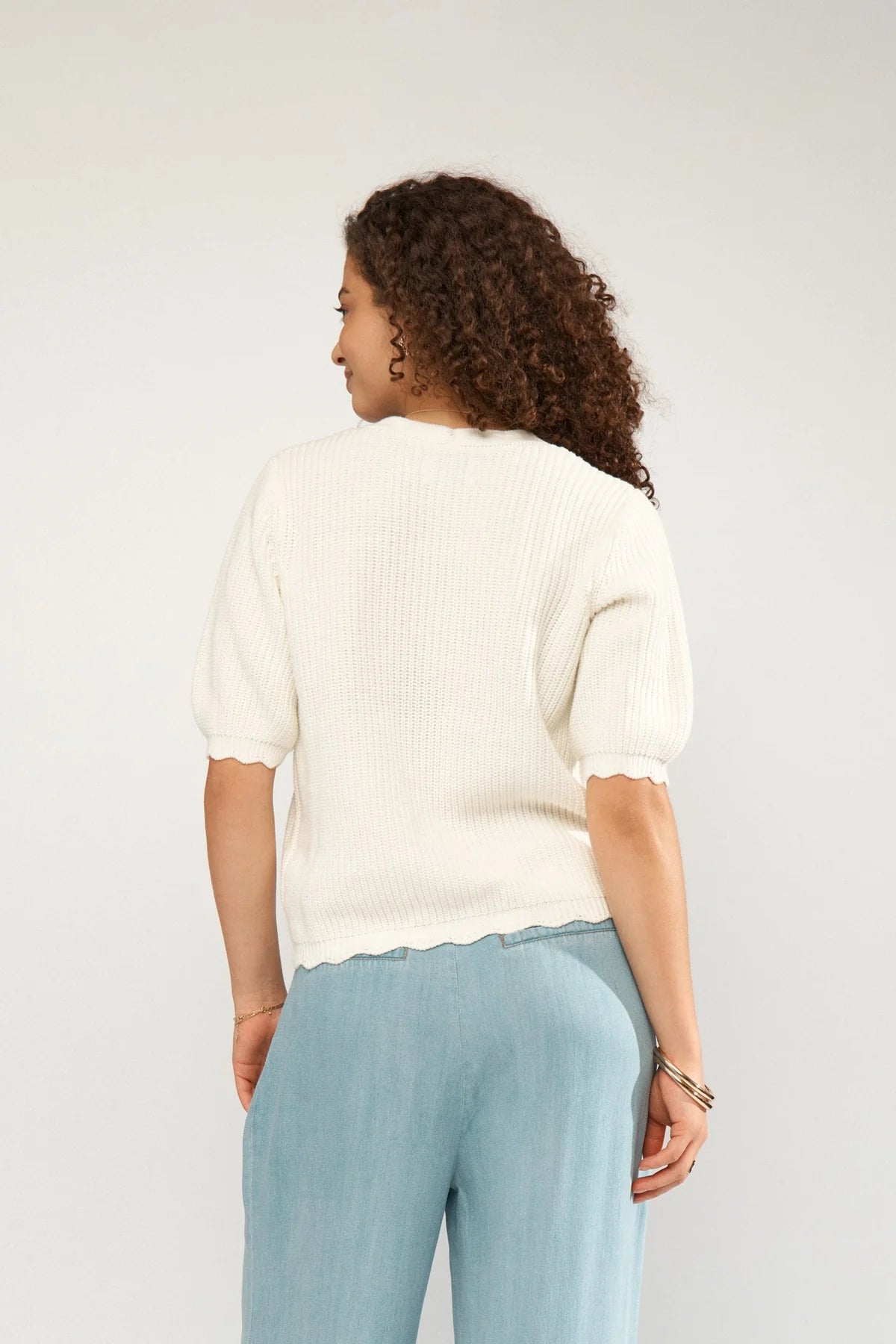 Numph cream short sleeve cardigan back view ribbed knit