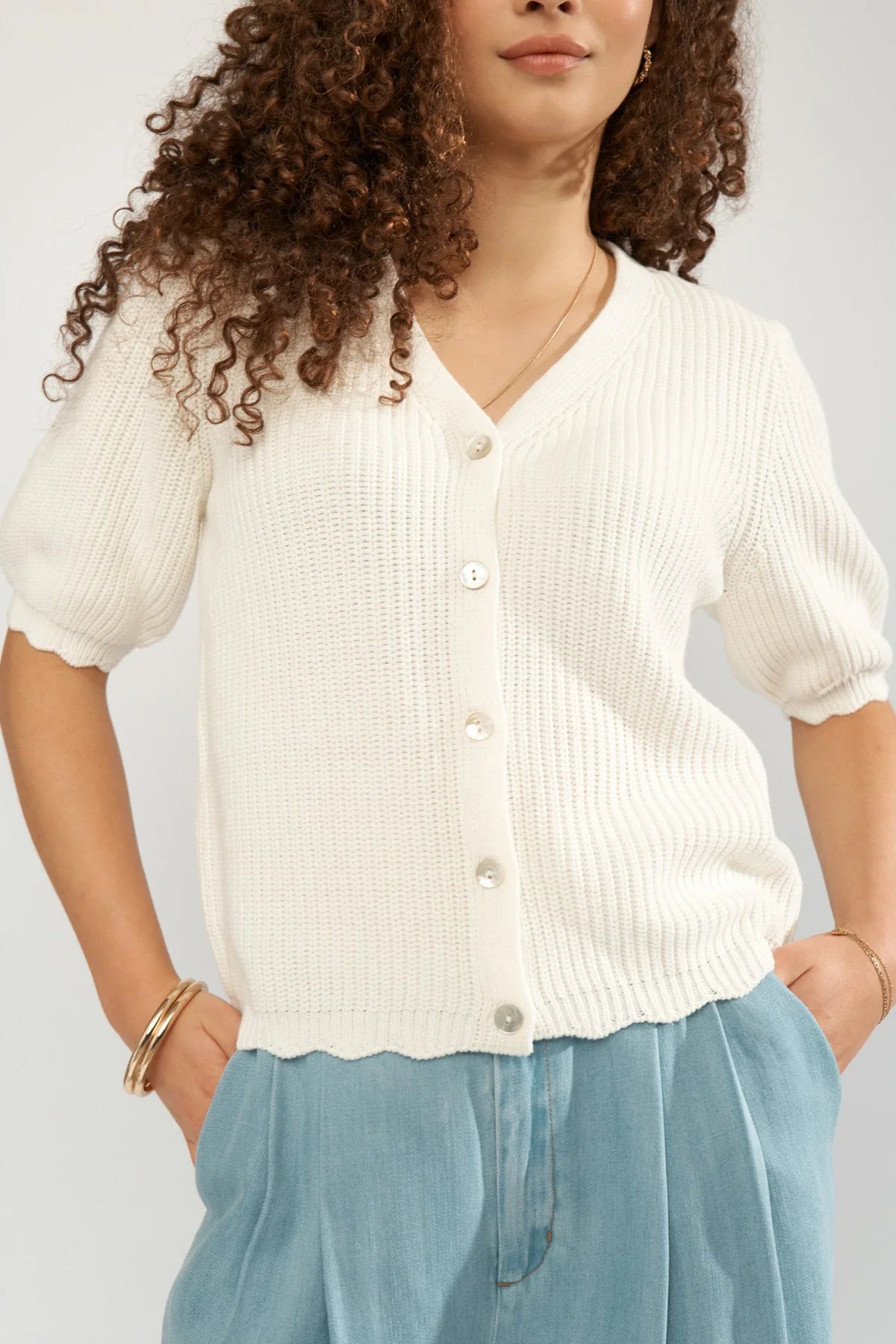 Numph cream ribbed knit cardigan short sleeve front view
