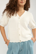 Numph cream ribbed knit cardigan short sleeve front view
