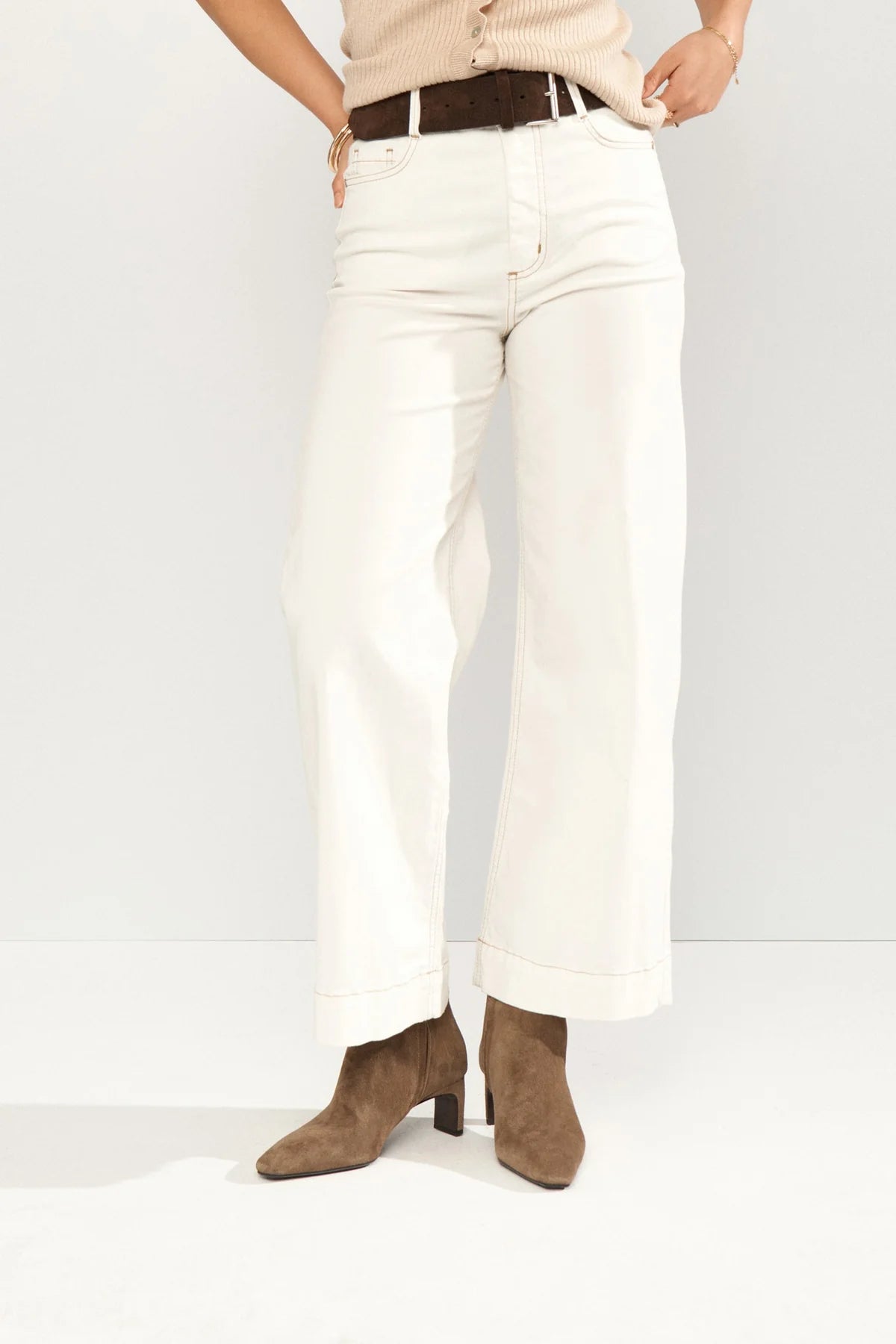 Numph off white cropped flared trousers front view