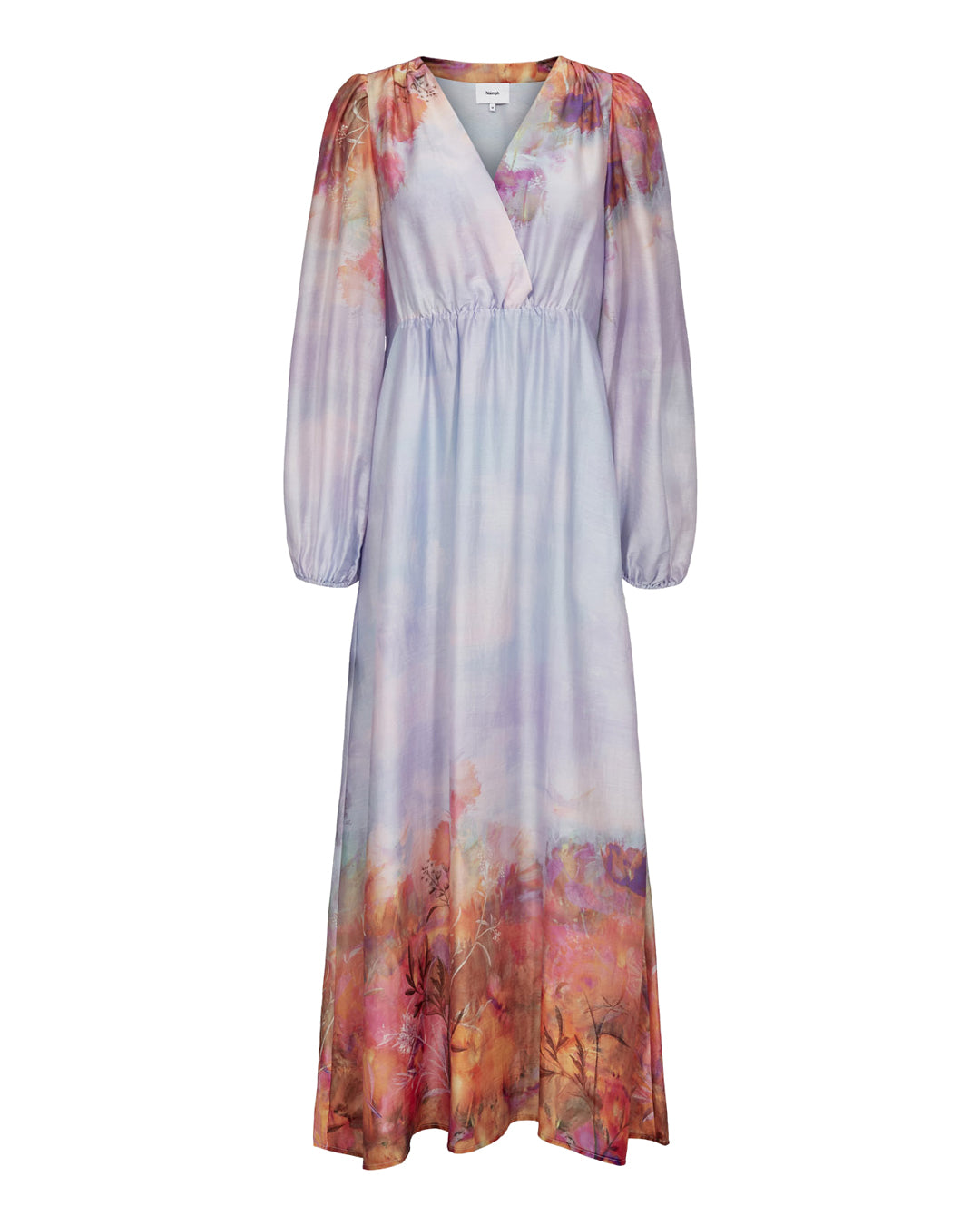 Nümph Nulove abstract floral maxi dress blue pink long sleeve front view