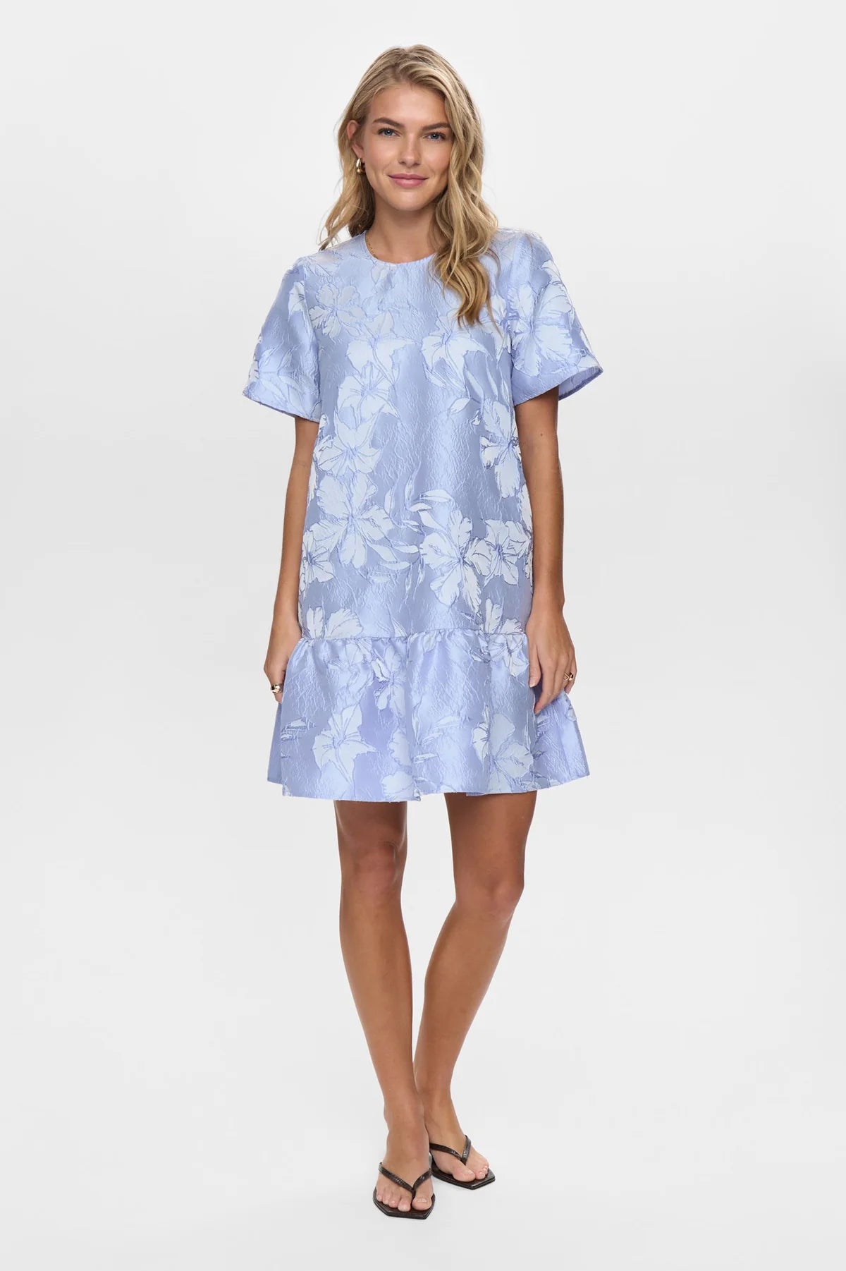 Numph Nuvilmi blue brocade mini dress front view