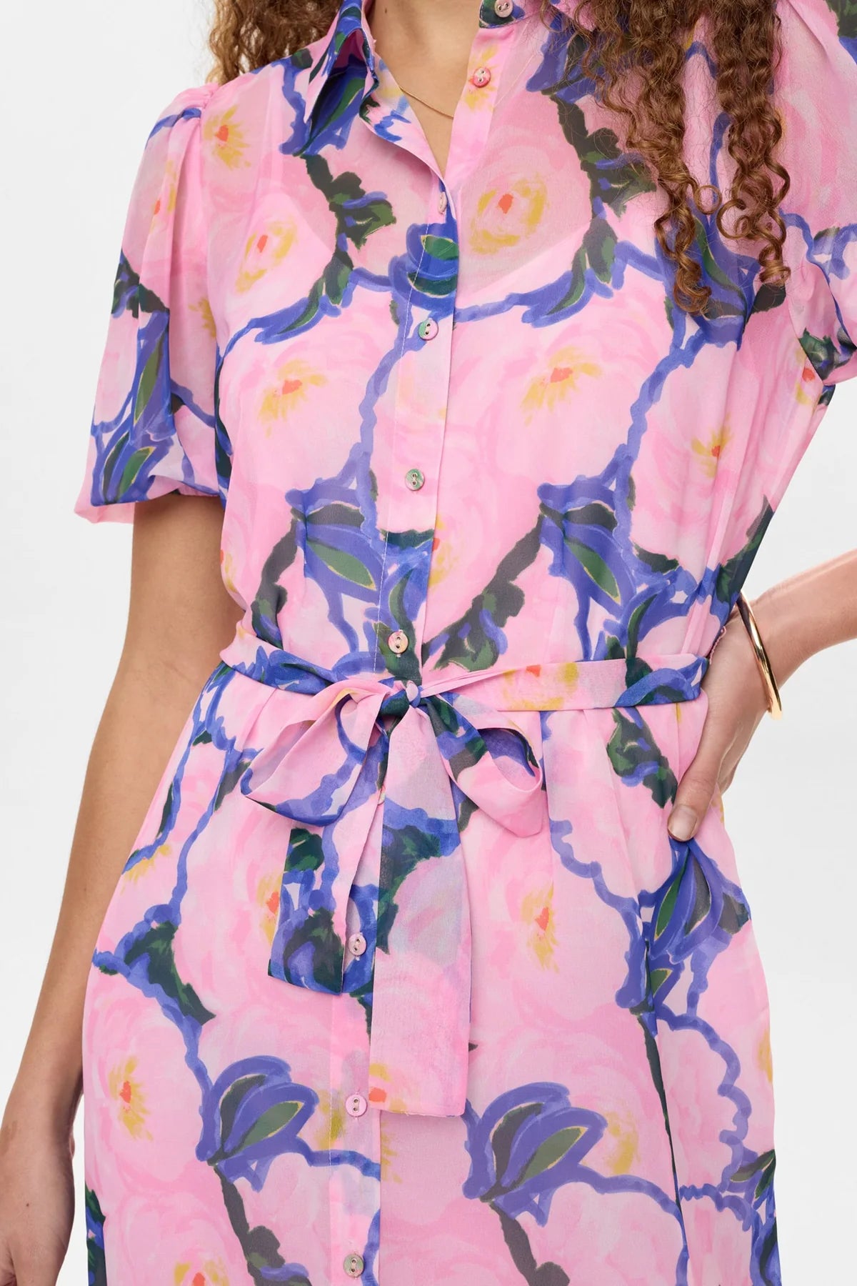 Numph Nukellie floral midi shirt dress tie waist detail