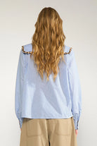 Nümph Numayana blue striped long sleeve shirt with statement collar – back model view