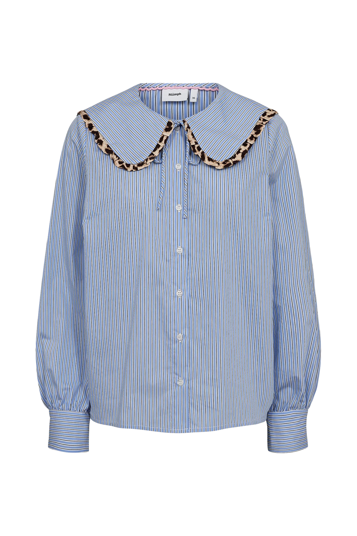 Nümph Numayana blue stripe leopard trim Peter Pan collar shirt – product front view