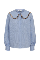 Nümph Numayana blue stripe leopard trim Peter Pan collar shirt – product front view
