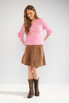 Nümph Nusuri pink peplum jumper styled with brown skirt and boots – full outfit view