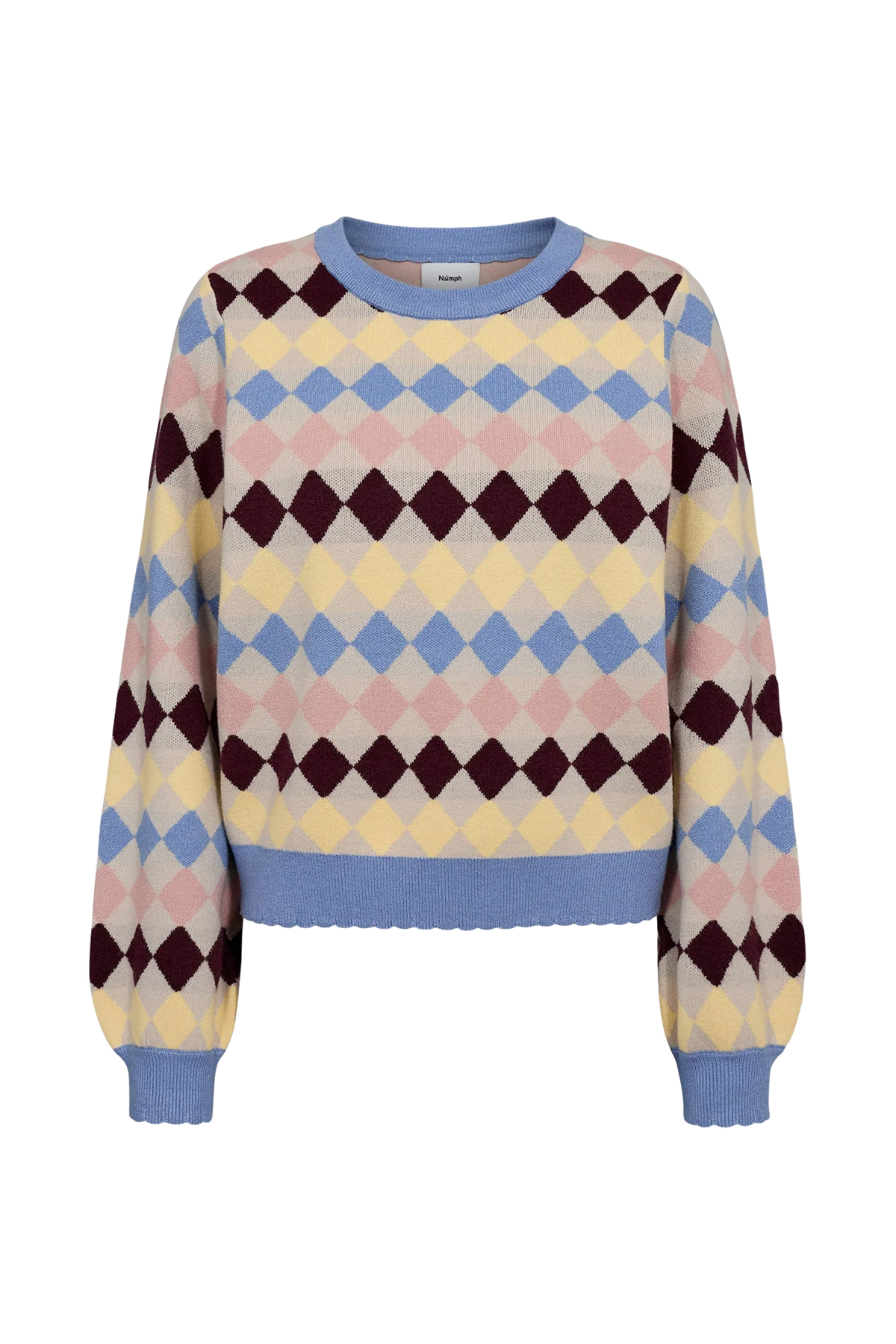Nümph Nulina Gray Morn argyle crew neck jumper in blue, pink, yellow and burgundy – product front view