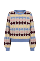 Nümph Nulina Gray Morn argyle crew neck jumper in blue, pink, yellow and burgundy – product front view